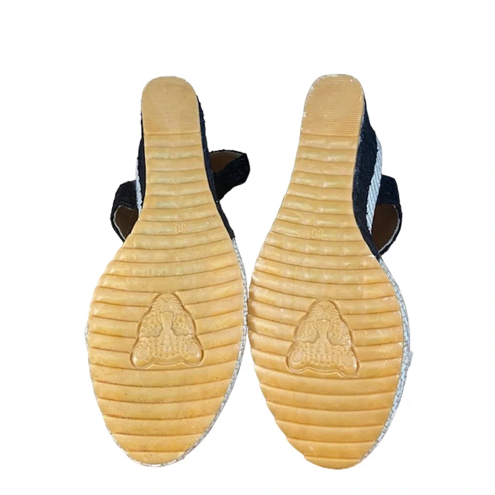 Women’s Metallic Black Wedge Espadrille Sandals Ankle Strap Velcro Size EU 38